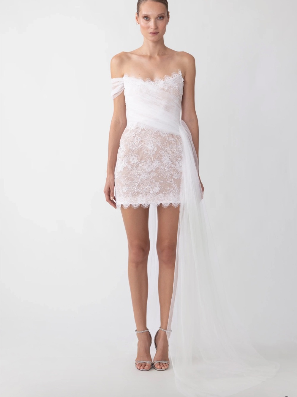 Sau Lee Reign Lace Mini Dress with Draped Tulle